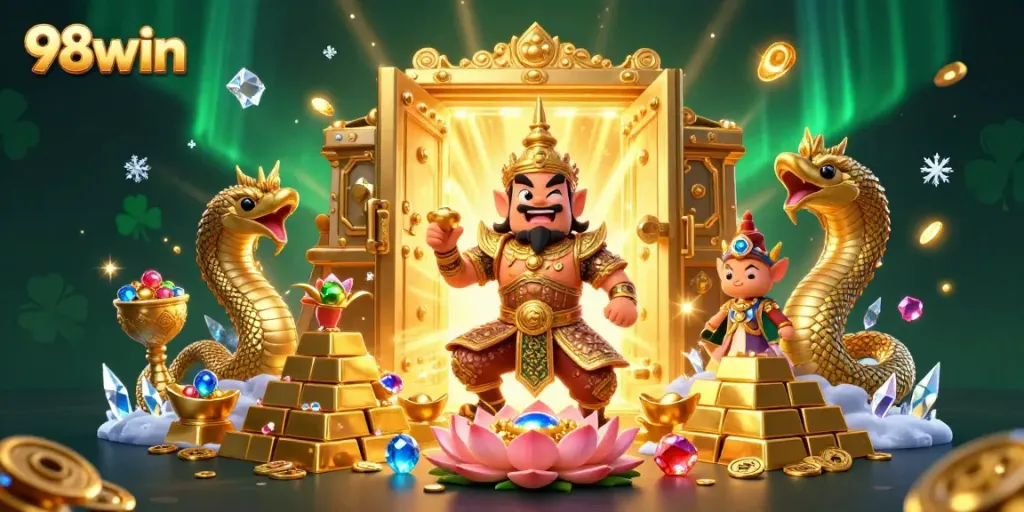 Experience thrilling wins at 98win with vibrant scenes of casino excitement and winning symbols.