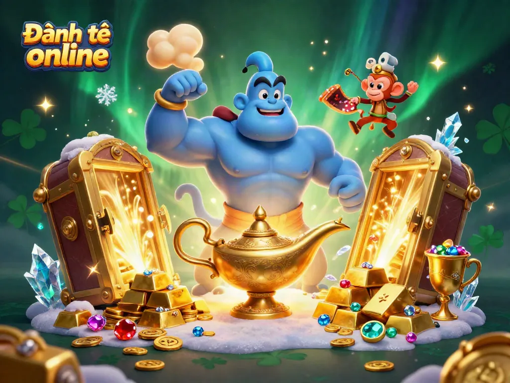 Experience Đánh đề online with a dynamic scene featuring a blue genie and magic elements.