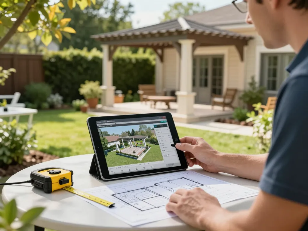 Instalador usando software para instaladores de verandas en un jardín, diseñando estructuras personalizadas de manera interactiva.