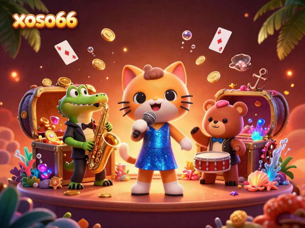 xoso66 showcases a vibrant casino scene with characters enjoying a dynamic performance, enhancing gaming excitement.
