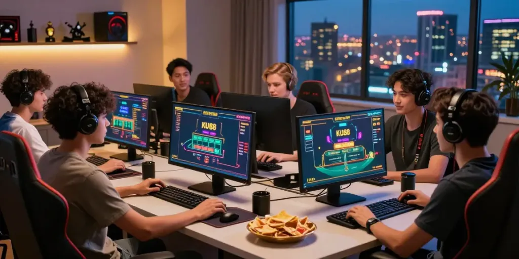 Enthusiastic friends playing live casino game on KU88 in a modern gaming setup.