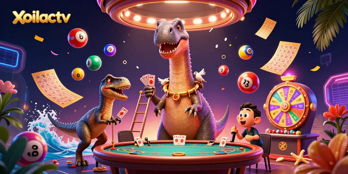 Xoilactv features a giant brontosaurus in a casino, enhancing the gambling atmosphere.