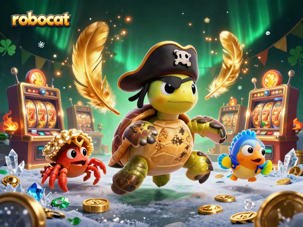 Spin and win with Robocat at the dynamic casino scene filled with joyful characters and slot machines.