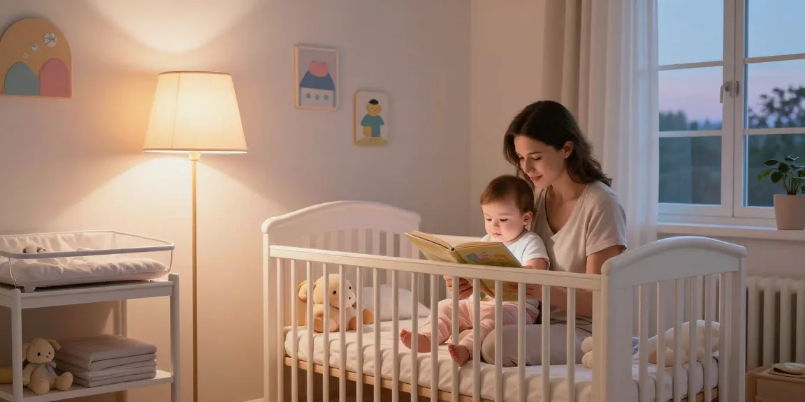 Cozy baby room featuring a lampara para habitacion bebe, soft lighting, and bedtime story moment.