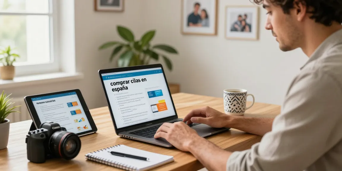 Shop for comprar cialis en españa in a modern home office, featuring a man researching medications online with a tablet and laptop.