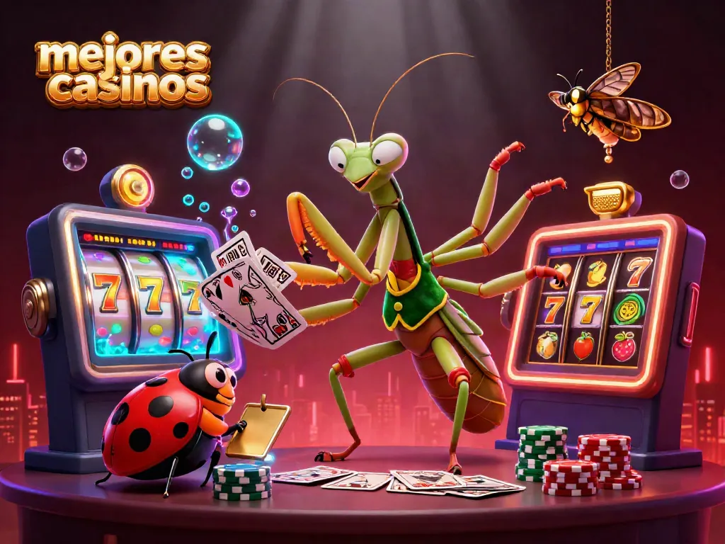 Los mejores casinos: escena vibrante con el mantis y la mariquita en acción, rodeados de elementos de tragamonedas.