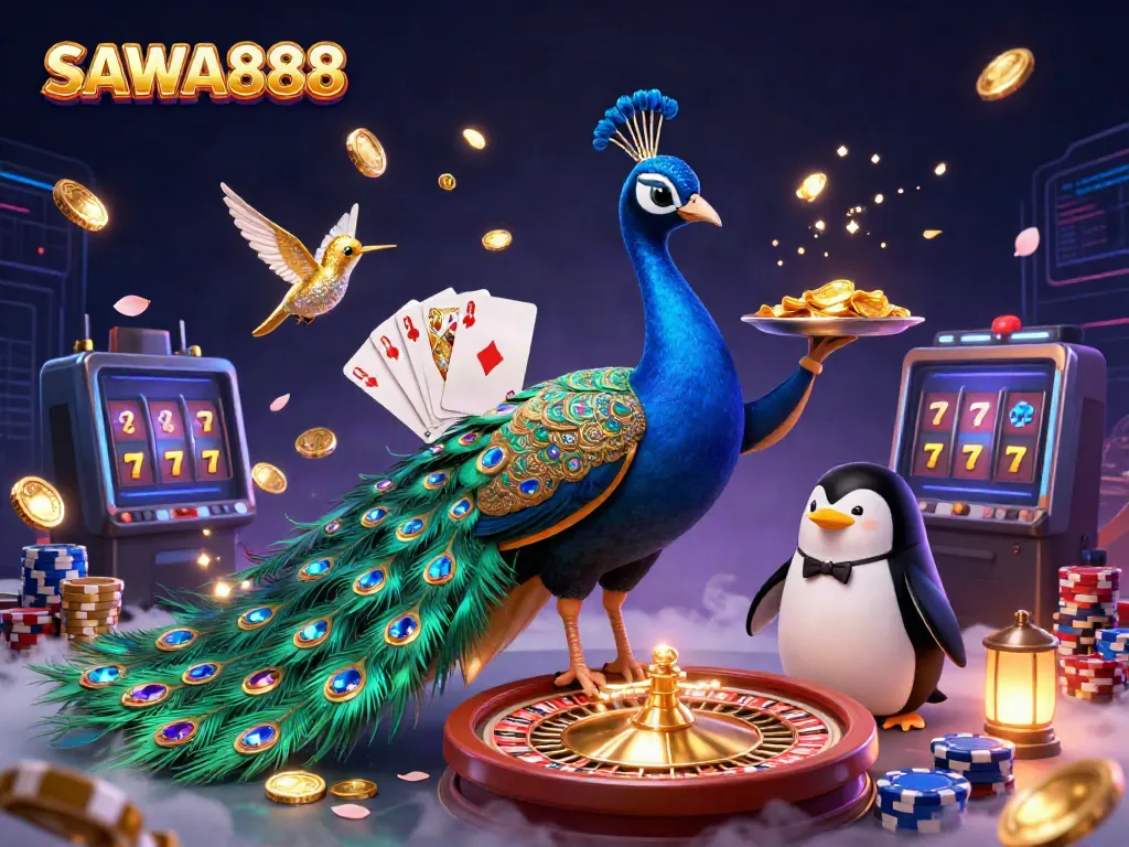 Experience SAWA888 with vibrant slots, golden chips, and lively peacock in this casino scene.