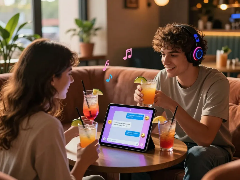 Engaging with spicy AI chatbot in a lively lounge, showcasing modern social interaction and technology.