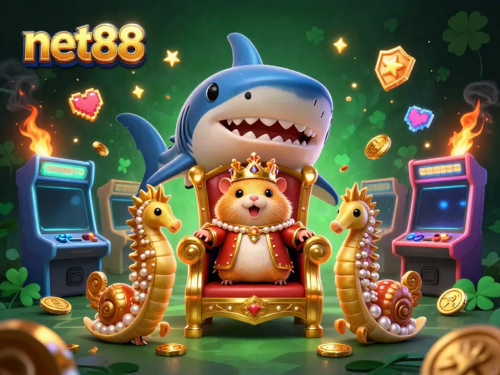 Experience thrilling gaming action at net88 with a golden hamster king on a megalodon throne, surrounded by arcade excitement.