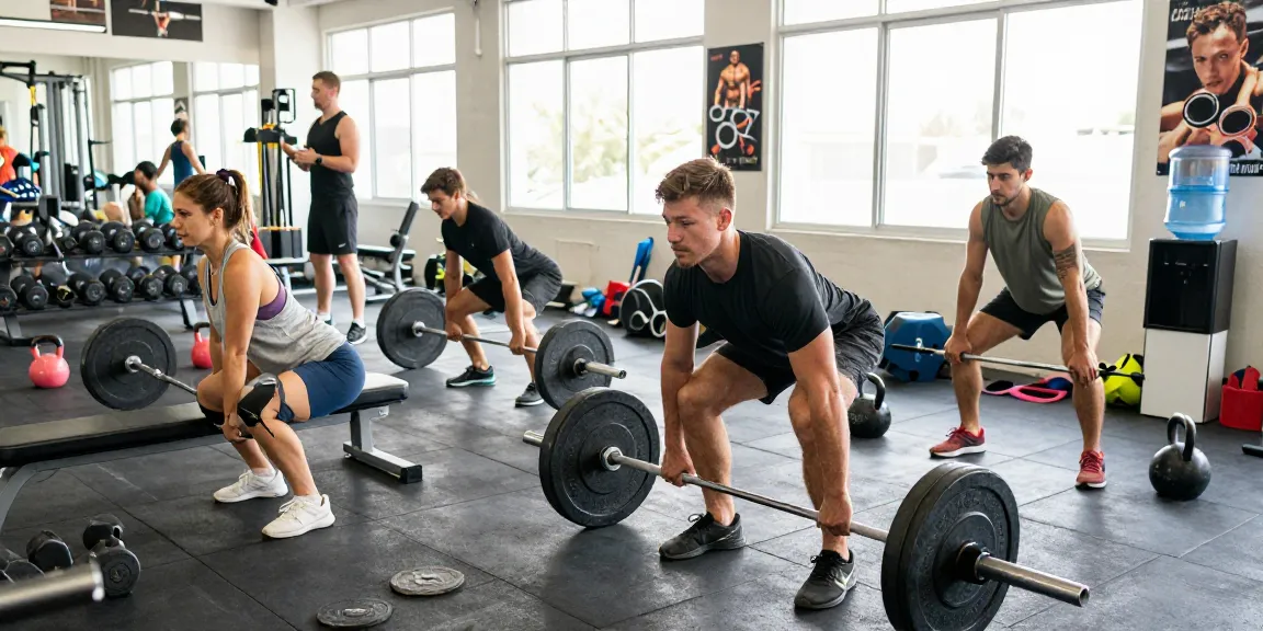 Entrenamiento en el gimnasio en Esteroidesshop, personas levantando pesas y haciendo ejercicios de fuerza en un ambiente motivador.