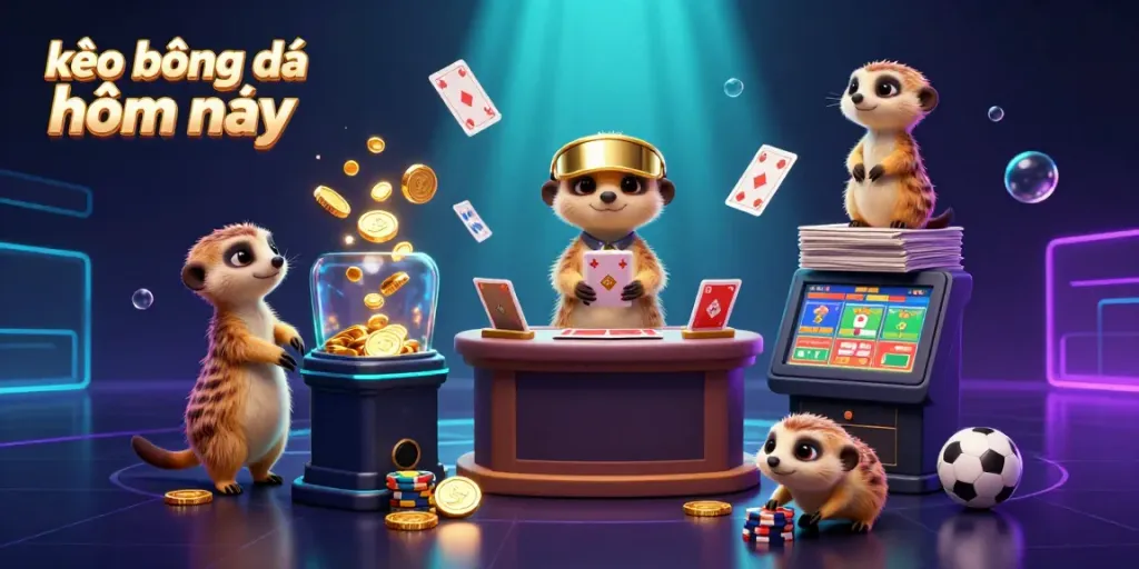 Engaging scene of meerkats running a vibrant sports betting operation in a dynamic 3D illustration, highlighting kèo bóng đá hôm nay.