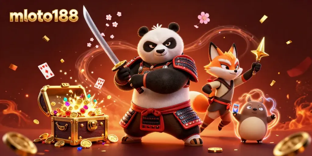 Experience the thrill of mloto188 with a dynamic samurai panda ensemble amidst vibrant gaming elements.