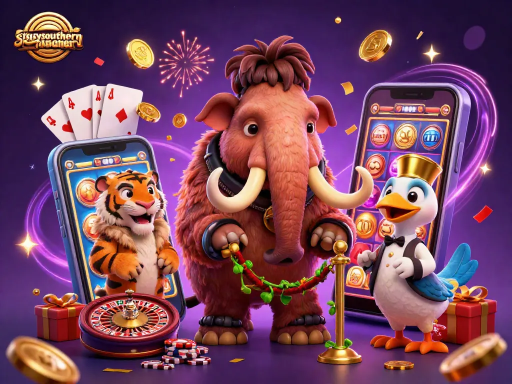 Sissyssouthernkitchen showcases a vibrant casino scene with a woolly mammoth checking IDs amidst slot game action.