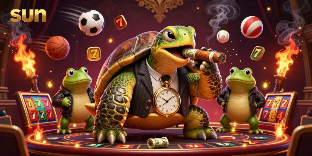 Engage in thrilling gambling action with sun as the massive snapping turtle leads a vibrant casino scene with slot reels and golden 7s.