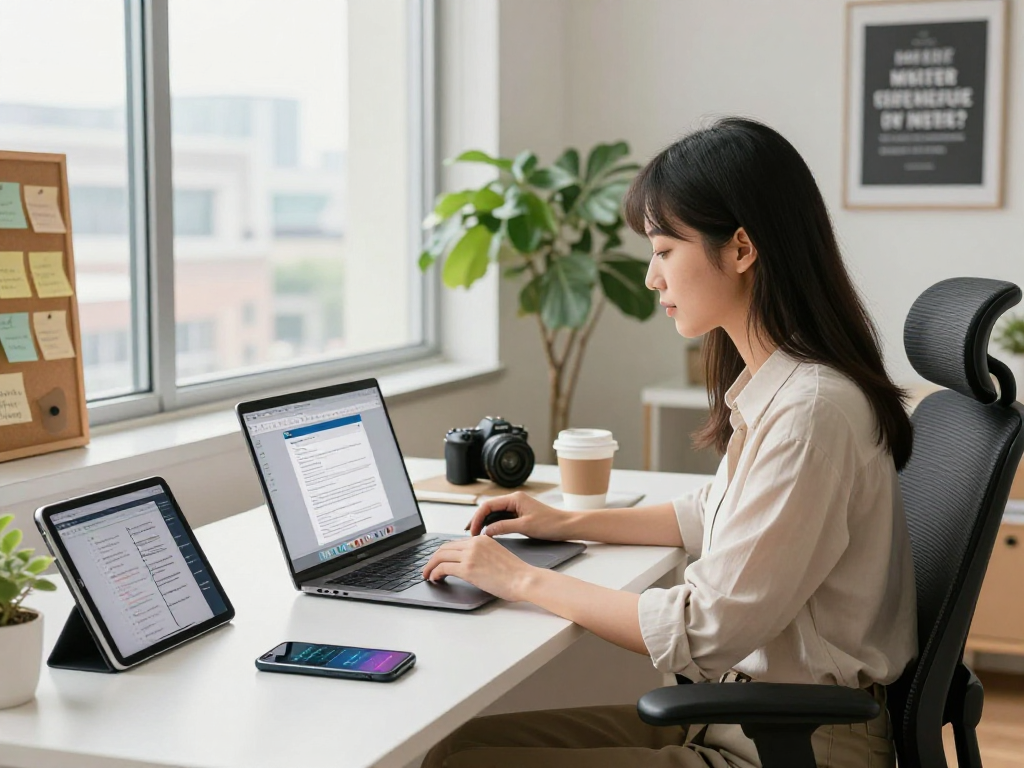 在现代办公环境中，一位女性正使用wps办公软件进行文档编辑，桌面上有多种科技设备与植物，营造出舒适、高效的工作氛围。