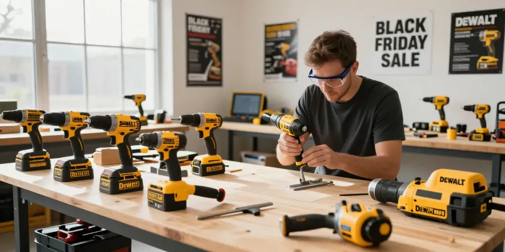Las mejores ofertas de Black Friday Dewalt en un taller profesional, con herramientas DEWALT en exhibición.