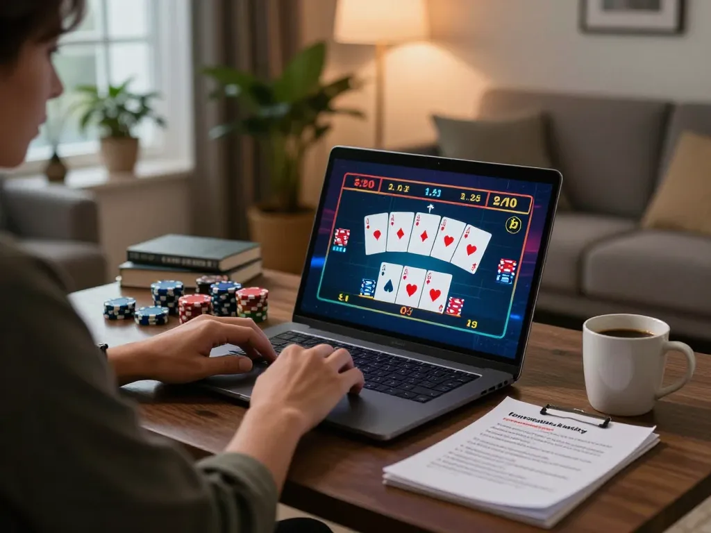 Engaged player at home using nk88net for vibrant blackjack gameplay with strategic notes nearby.