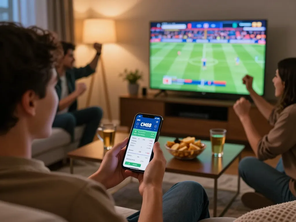 Person actively placing bets on CM88 app during sports event, showcasing excitement and social atmosphere.