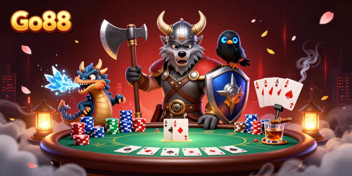 Engage with Go88's thrilling poker battle featuring a Viking wolf warrior and dragon.
