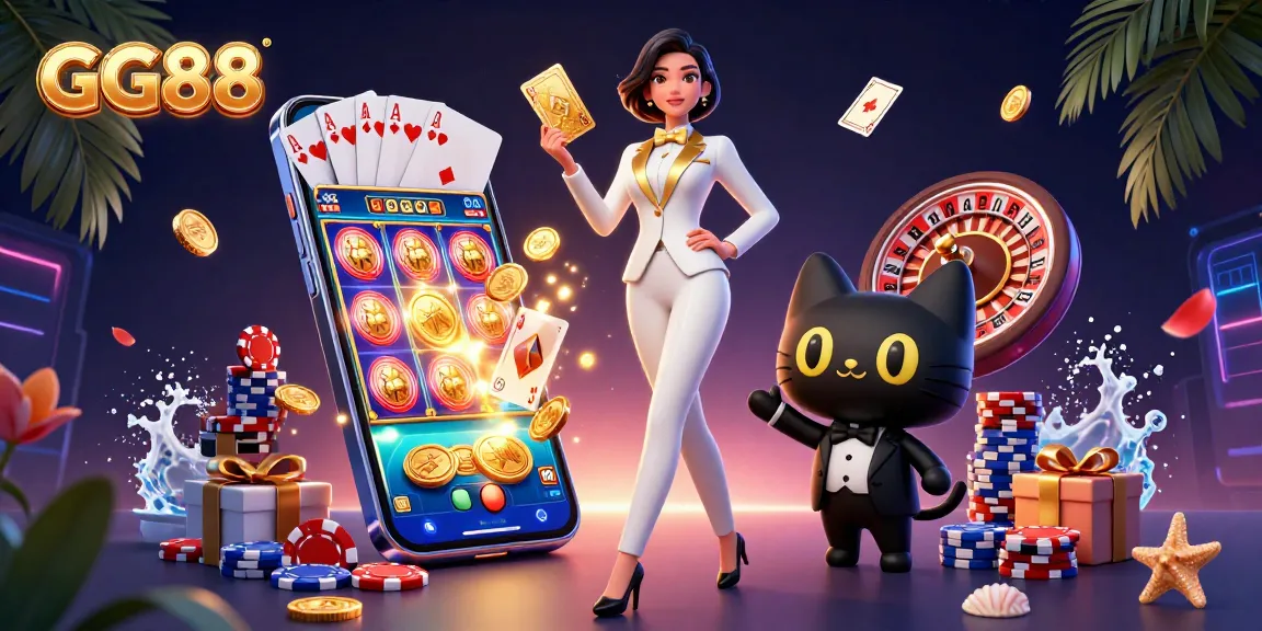 Experience excitement at GG88 with a glamorous casino scene featuring stunning characters and vibrant gaming elements.