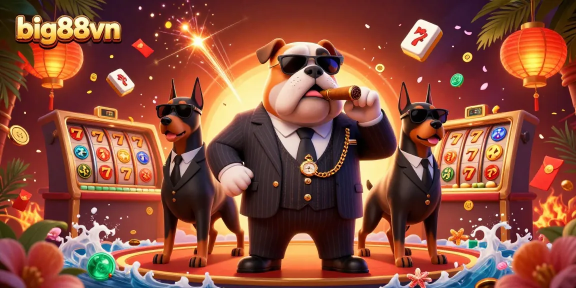Join the excitement at big88vn with our mafia-themed casino illustration featuring a bulldog boss and dynamic slot game elements.