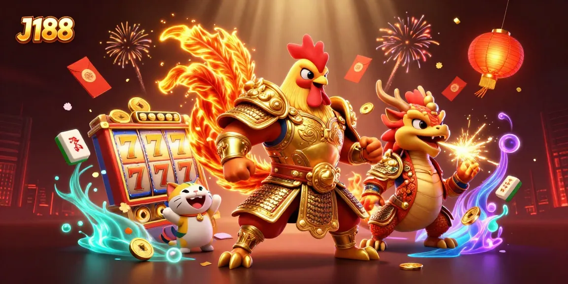 Experience thrilling moments at J188 with a powerful rooster warrior, dragon hatchling, and casino elements.
