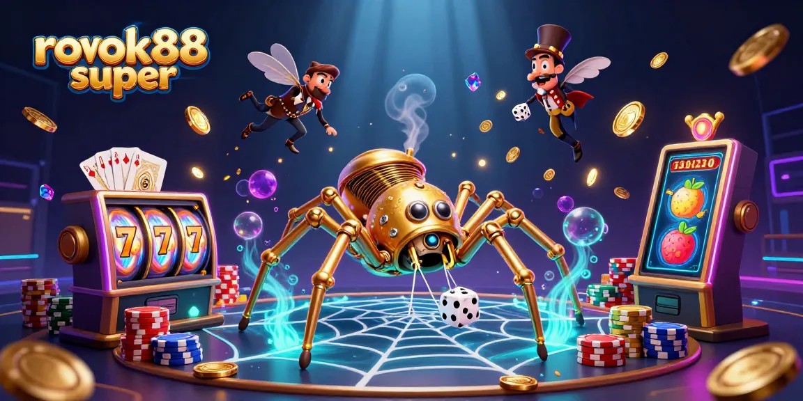 Engage with the vibrant rokok88 super theme in a dynamic casino scene filled with golden coins and lucky slot machine symbols.