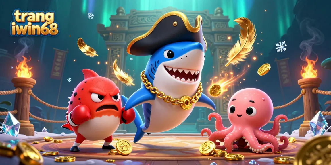 Experience excitement with trang iwin68, featuring a pirate shark, pufferfish, and octopus in a thrilling casino scene.