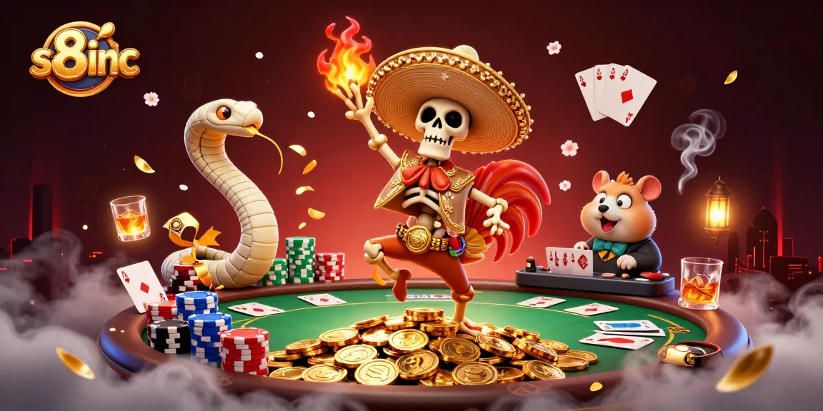 Experience casino fun with s8inc's animated characters celebrating on a gold coin pile.