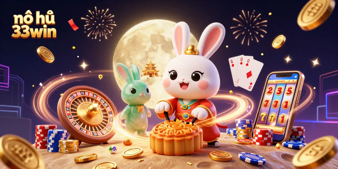 Nổ hũ 33win features a moon rabbit celebrating with poker chips, coins, and vibrant casino elements.
