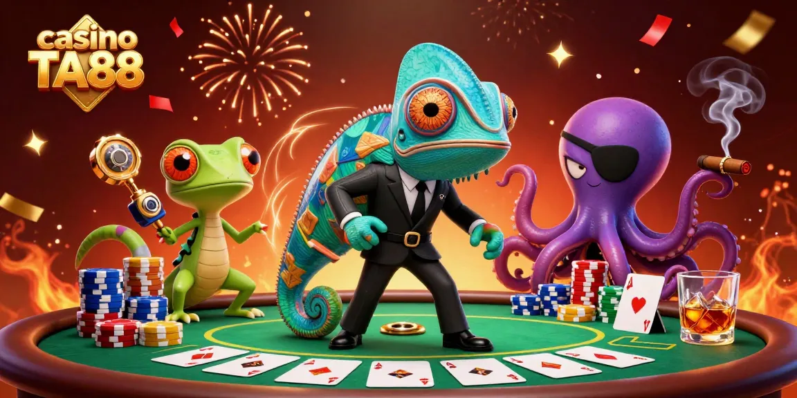 Engage with casino TA88's thrilling atmosphere featuring a secret agent chameleon amidst high-stakes poker.