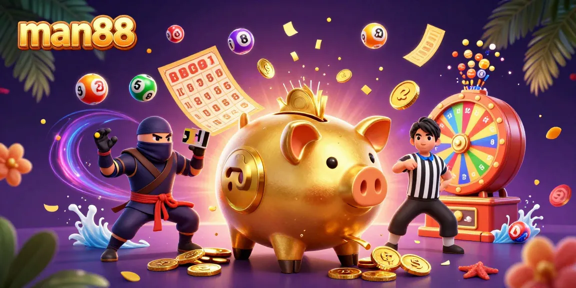 Experience man88 thrilling jackpots with golden piggy bank sumo wrestler and vibrant casino elements.