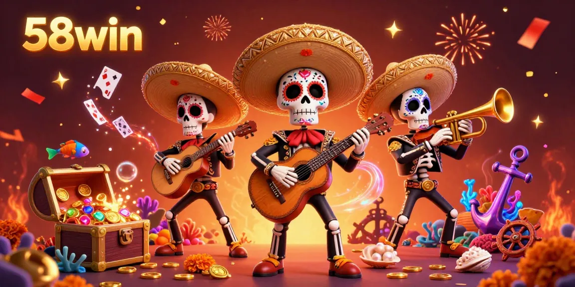 Experience vibrant gaming action with 58win's colorful mariachi scene in a rich 3D illustration.