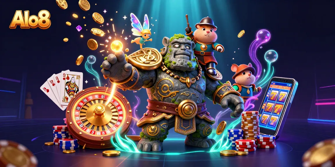 Alo8 brings excitement to life with a colorful scene featuring a magical golem guardian and vibrant casino elements.